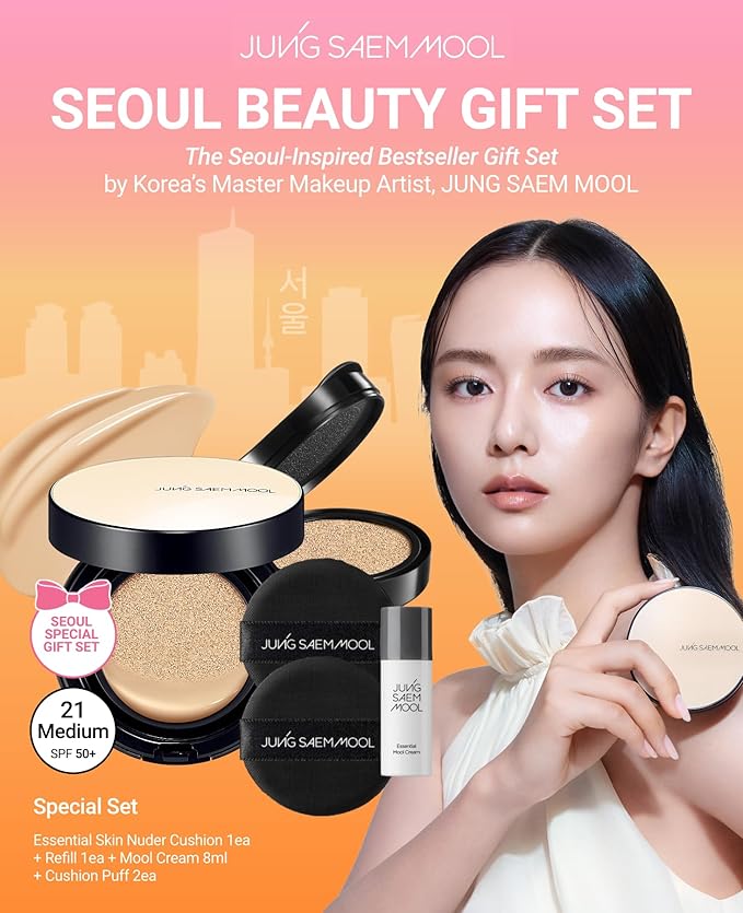 JUNG SAEM MOOL Essential Skin Nuder Cushion | Natural Finish, Buildable Coverage Cushion Foundation by Korean Makeup Artist (Refill Included, SPF 50 | Gift Set with Mool Cream & Puff), 21 Medium