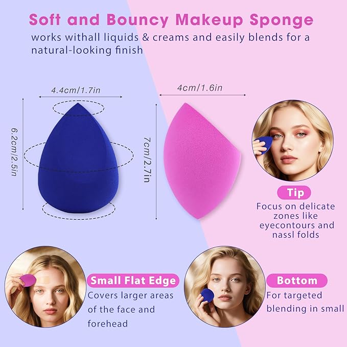 6-Piece Makeup Brush Set with 2 Beauty Sponges & Bling Crystal Handle - Daily Essential Cosmetic Brushes Kit for Professional Foundation, Concealer, Eyeshadow, Powder Blush(Purple)