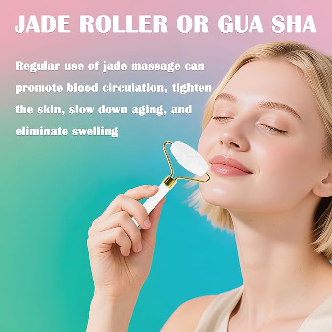 Jade Roller Gua Sha Tools - Nature Gua Sha Facial Tool Skin Tightening Face Massager Anti-Aging Jade Face Roller Puffiness Reducing Guasha Stone for Women Men (White)