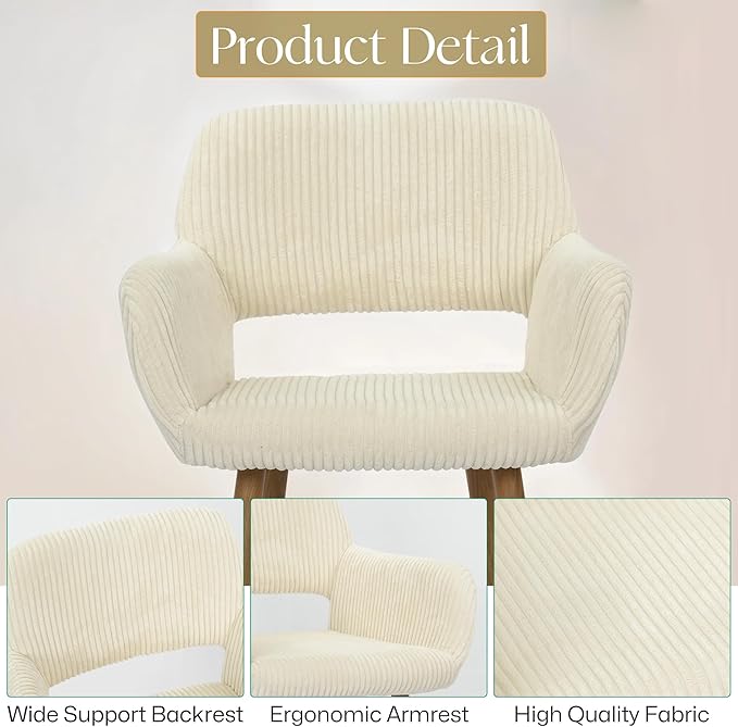 HENJIANYI Home Office Corduroy Desk Chair, Makeup Vanity Chair, Comfy Accent Armchair with Wood Grain Metal Legs, Cute Dining Chair with Hollowed Back, Beige