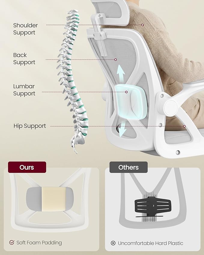 VASAGLE Ergonomic Mesh Office Chair with Adjustable Lumbar Support and Headrest, 90-105° Tilt Function, Wide Seat, Flip‑Up Armrests, Computer Desk Chair for Home Office, Dove Gray UOBN044GD01S