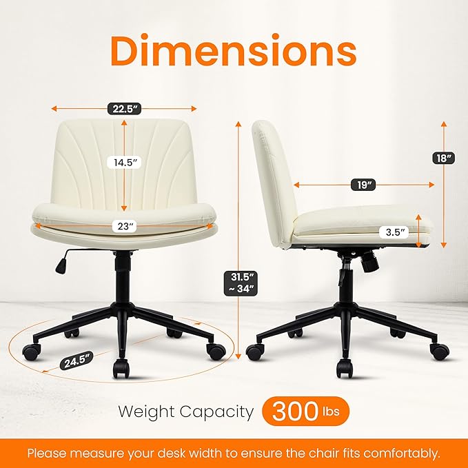 NEO Chair Criss Cross Chair with Wheels Armless Cross Legged Office Desk Wide Comfy Vanity Makeup Chair Adjustable Swivel Rolling Computer for Home Office PU Leather (Beige)
