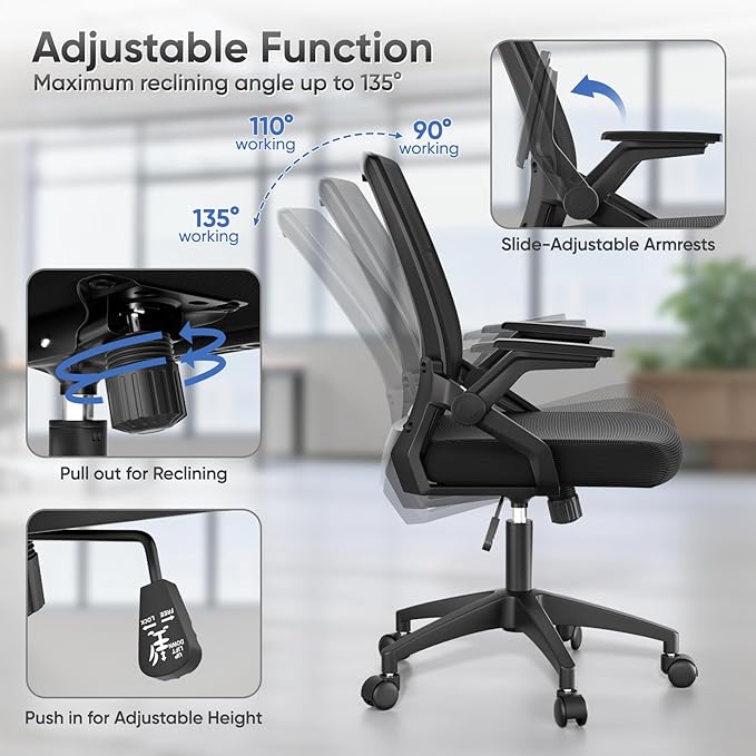 Ergonomic Office Chair, Home Desk Chair with Flip-Up & Adjustable Armrest, 135° Reclining Tilt Lock, Thickness Cushion Mesh Back Office Chairs for Man Woman