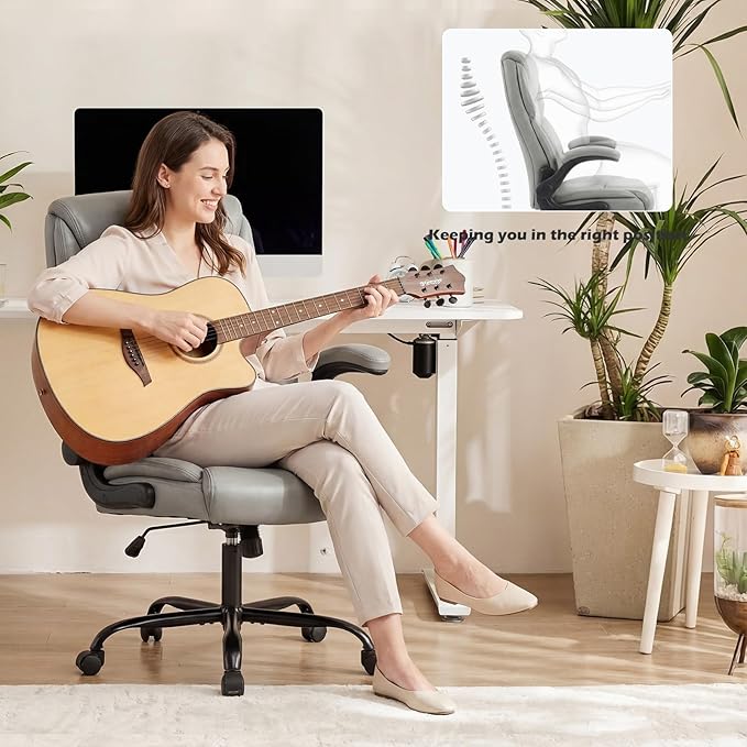 DUMOS Office Chair Set of 2 - Ergonomic Executive Computer Desk Chairs with Adjustable Flip-up Armrest, Swivel Task Chair with Lumbar Support, Strong Metal Base, PU Leather, Grey