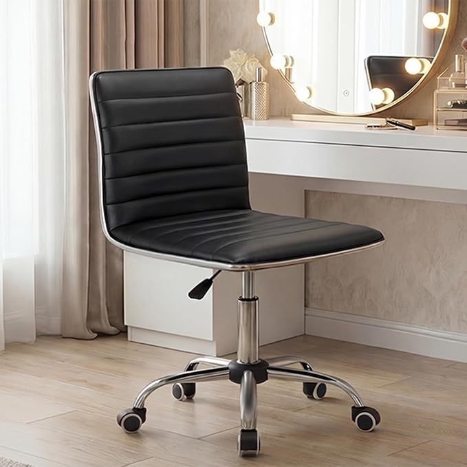 Furmax Vanity Office Desk Chair with Wheels, Armless Small Cute Leather Makeup Computer Task Chair Adjustable Height 360° Swivel (Black)
