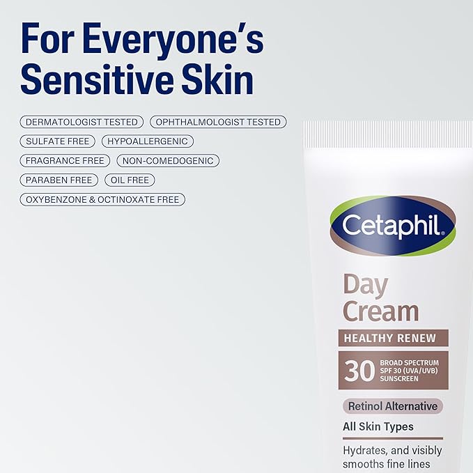 Cetaphil Healthy Renew Moisturizing Day Cream 1.7 Oz, with SPF 30, Skin Tightening Anti Wrinkle Cream for Face with Peptides, Fragrance Free, Retinol Alternative For Sensitive Skin, (Pack of 2)