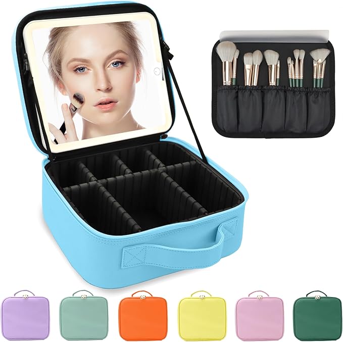 Makeup Bag with Led Mirror,Large Vanity Makeup Cases with 3 Color Setting,Portable Storage and Adjustable Dividers,for Women and Makeup Artists Cosmetic Organizer Travel Makeup Bag-Blue