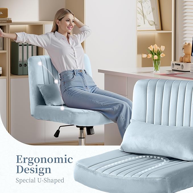 Criss Cross Office Chair with Wheels, Velvet Cross Legged Desk Chair for Bedroom, Armless Computer Chair, Modern Vanity Chair, Festival for Adults, Light Blue