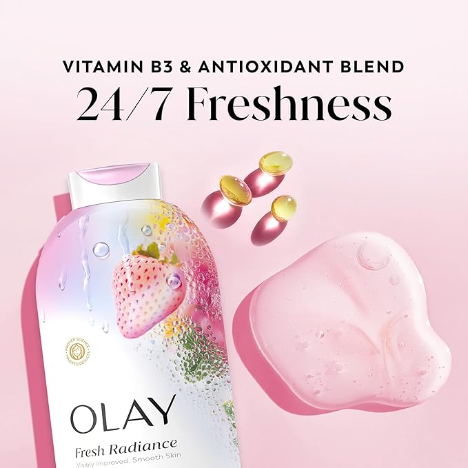 Olay Body Wash for Women, Fresh Radiance, 24/7 Skin-Loving Freshness, Visibly Radiant, Plant Based Cleansers, Vitamin B3 & Antioxidant Blend, For All Skin Types, Strawberry & Mint Scent, 22 fl oz