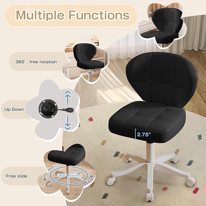 Vanity Chair with Back – Small Armless Office Chair with Wheels, Lumbar Support, PU Leather, Adjustable Height, 360° Swivel for Home, Bedroom, Office Black Set of 2