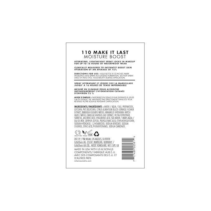 Milani Make It Last Moisture Boost Setting Spray - Alcohol Free Waterproof Makeup Finishing Mist - Hydrating & Soothing Formula for Sensitive Skin - 1 Count