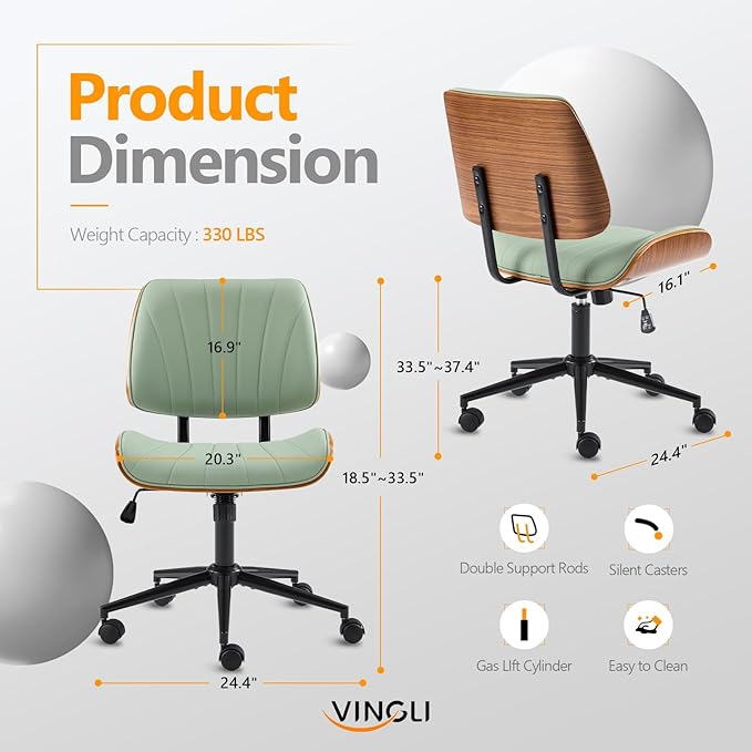 VINGLI Wide Curved Seat&Back Armless Home Office Chair,Ergoromic Adjustable-Height Desk Chair,Swivel&Tilting Function,Stylish Walnut Task Chair for Meeing Room,Dining Room,PU,Olive Green