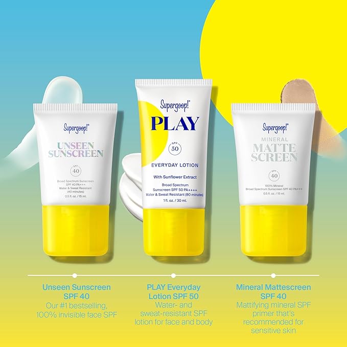 Supergoop! Daily SPF Starter - Includes 3 Travel-Sized SPF Favorites: Unseen Sunscreen SPF 40, Mineral Mattescreen SPF 40, and PLAY Everyday Lotion SPF 50 - Non-Comedogenic