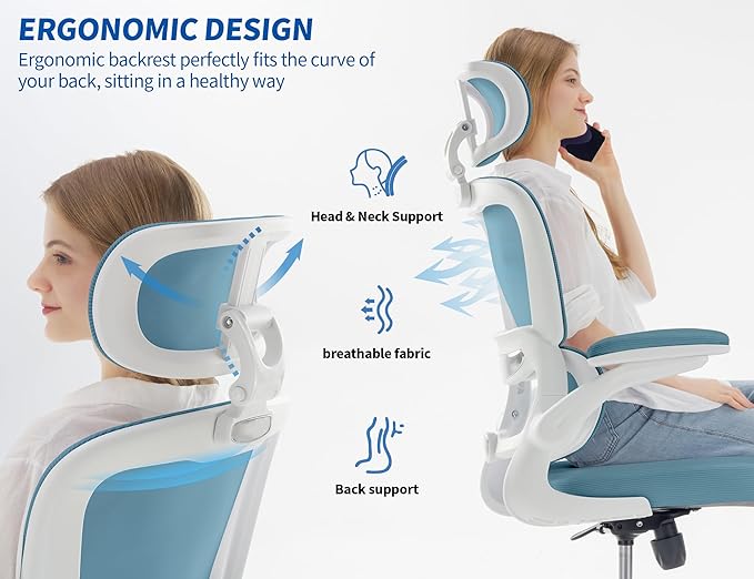 TRALT Ergonomic Office Chair - Desk Chair with Adjustable Headrest Lumbar Support Computer Chair - Mesh Comfy Chair with Flip-up Armrests - Gaming Chairs for Adults Home Office (PU Leather, Blue)