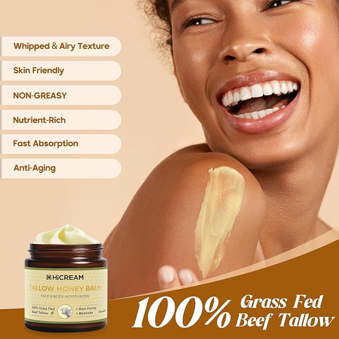 Beef Tallow for Skin, Beef Tallow and Honey Balm, 100% Organic Grass-Fed Beef Tallow, Face & Body Moisturizer for Dry, Cracked, Sensitive Skin - Handmade - Natural Formula (4 Oz, Unscented)