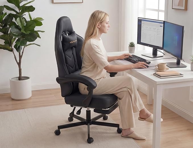 Office Chair Breathable Leather with Pocket Spring Cushion, Wide and High Ergonomic Computer Gaming Chair with Headrest and Footrest for Adult, Black