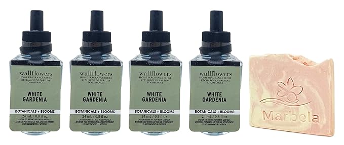 Bath & Body Works White Gardenia Wallflowers Fragrance Refill Pack of 4 with a Himalayan Salts Springs Sample Soap.
