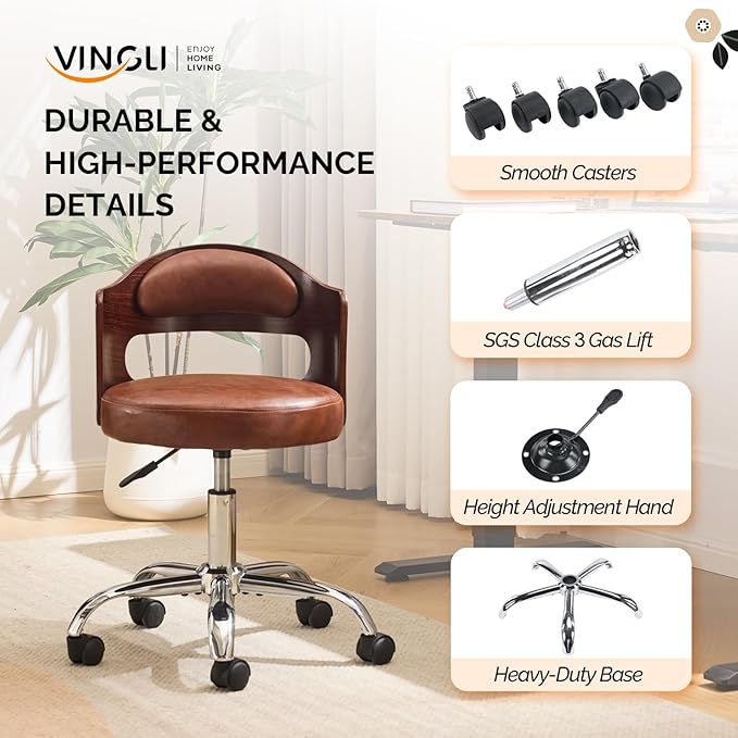 VINGLI Armless Home Office Desk Chair, Adjustable Swivel Chair,Dual-Use with/no Wheels,Small Retro Designed Walnut Curved Task Chair,Cushioned Nail Tech Chair for Study Area,Workspace,PU,Brown
