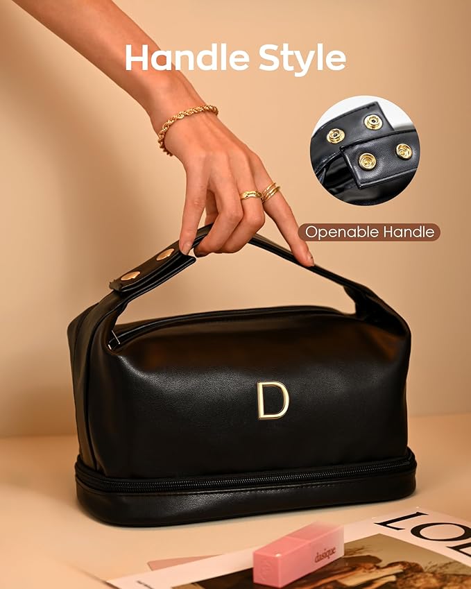 Teacher Appreciation Gifts, Personalized Makeup Bag with Handle, Initial Double Layer Cosmetic Bag with Makeup Brush Organizer, PU Leather Travel Toiletry Bag, Gifts for Friends Female Mom