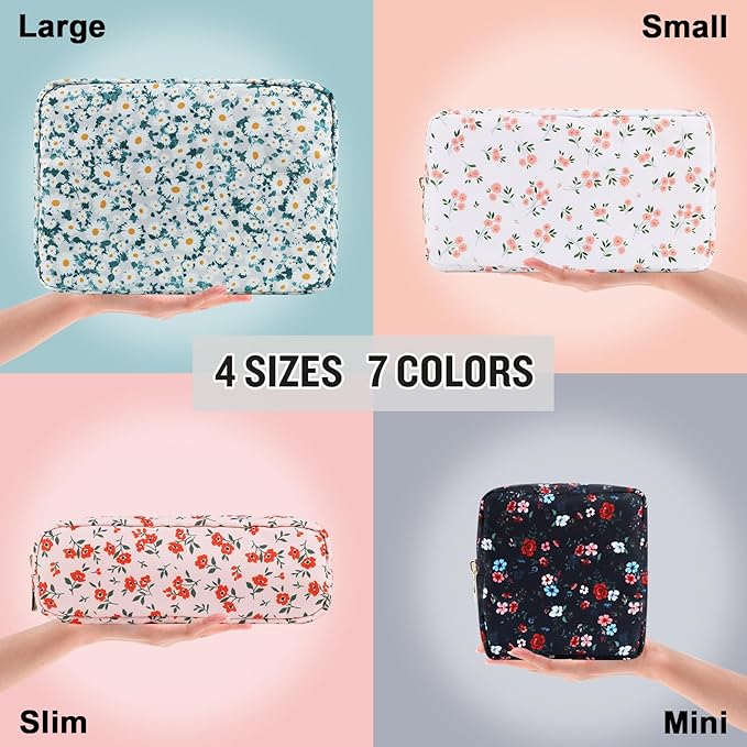Nylon Large Floral Makeup Organizer Bag, Preppy Big Cute Flower Cosmetic Zipper Pouch Multi-compartment with Dividers, Waterproof Toiletry Makeup Brushes Bag Travel Essentials for Women(Green-Daisy)