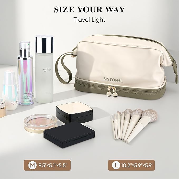 Travel Makeup Bag, Large Capacity Double Layer Cosmetic Bags for Women, Waterproof Portable Make Up Skincare Pouch with Makeup Brush Organizer, Toiletry Bag for Essentials, Beige & Olive Green