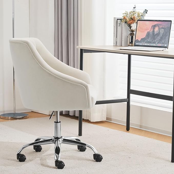 MOJAY Velvet Office Swivel Chair, Vanity Fabric Desk Pretty Fancy Gold Office Chairs for Girls, 360°Swivel Height Adjustable Reception Chair (White)