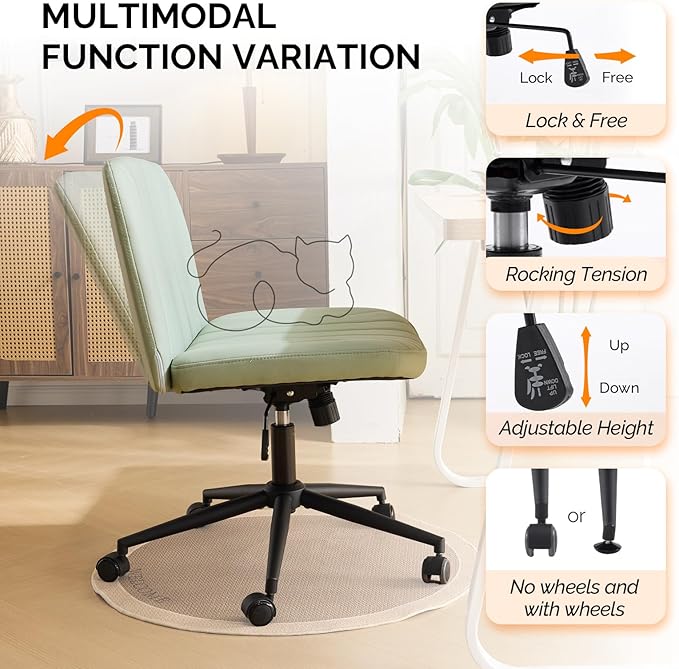 VINGLI Criss Cross Legged Chair,Wide Comfy Office Desk Chair,Dual-Use with/no Wheels Computer Task Chair,Swivel Armless Vanity Rolling Chair for Study,Make Up,Home Office,Cat Scratch PU,Mint Green