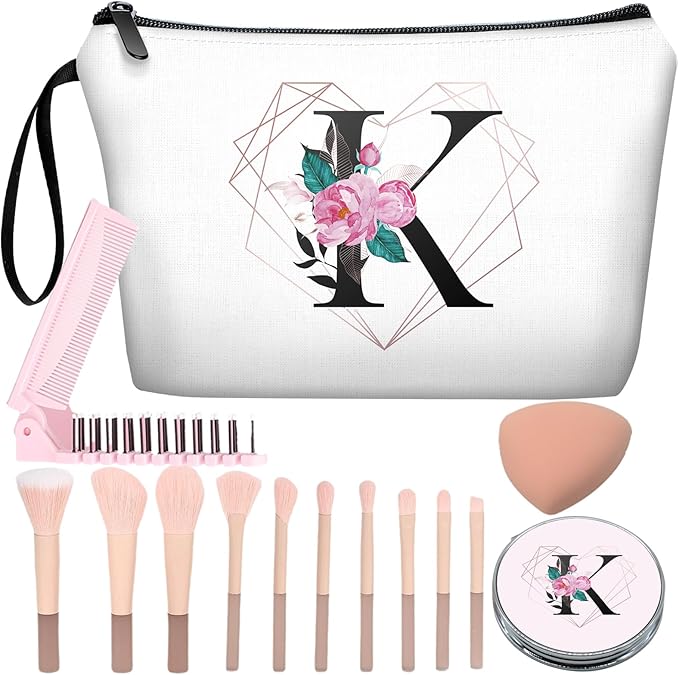 Personalized Initial K floral Makeup Bag set with Mirror for Women,White Ietter travel Cosmetic bag kit for Bride Bridesmaid with10 pieces pink brush set,Initial Gifts for Girls Mom femal Friends