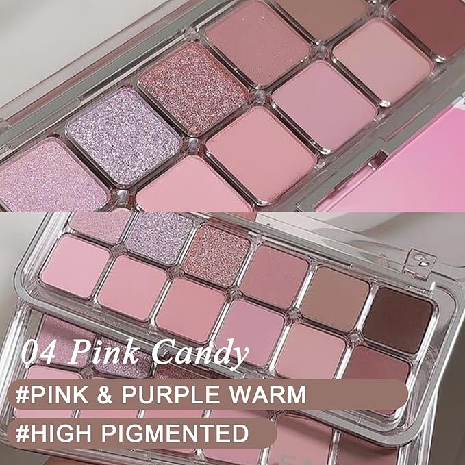 KYDA 12 Colors Pink Candy Eyeshadow Palette with Brush, High Pigment Matte Shimmer Pink Eye Shadow, Netural Eyes Palette for Women, Soft Blendable Powder Eyeshadow, Korean Eyes Makeup