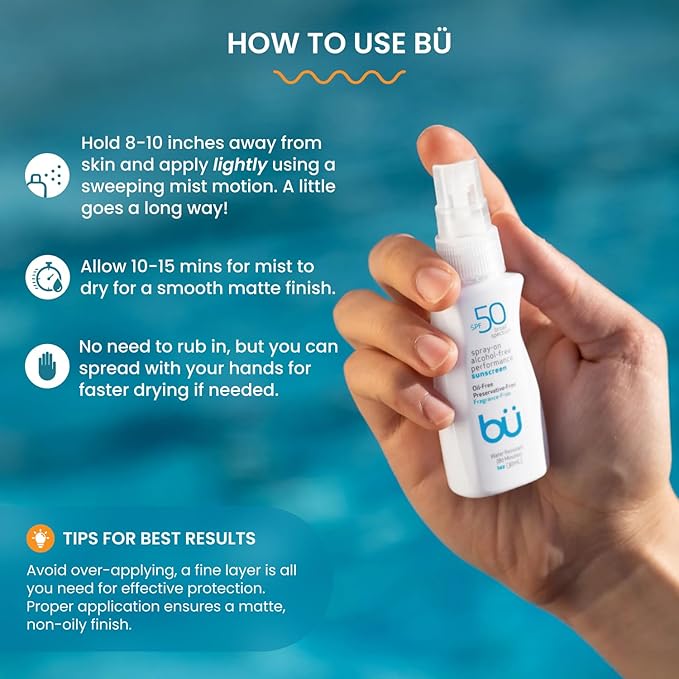 BU SPF 50 Sunscreen Spray for Face and Body, 2-Pack with 3.3 oz Fragrance Free and 1 oz White Sage, Clear, Non Greasy, Water Resistant