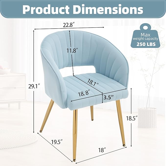 ABET Desk Chair with No Wheels, Velvet Home Office Armchair Gold Legs, Upholstered Modern Accent Chairs, Side Chair for Living Room Bedroom Vanity, Light Blue