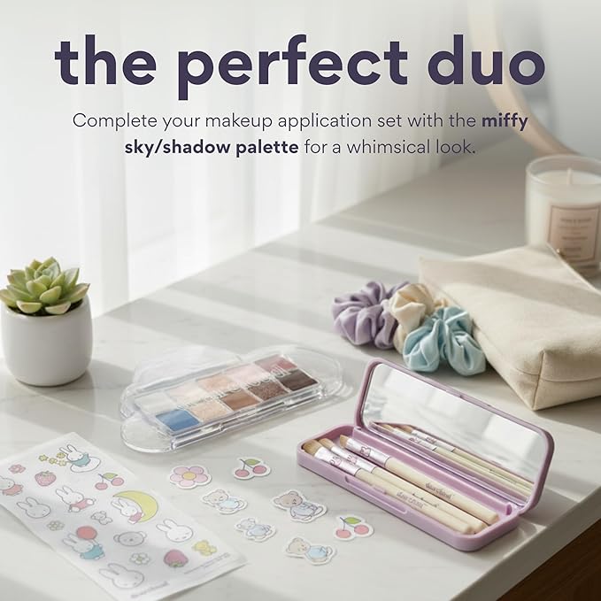 dearcloud Miffy Makeup Brush Set – Blending, Smudger & Angled Precision Brush with Travel Case, Mirror & Customization Stickers (Endearing Bun)