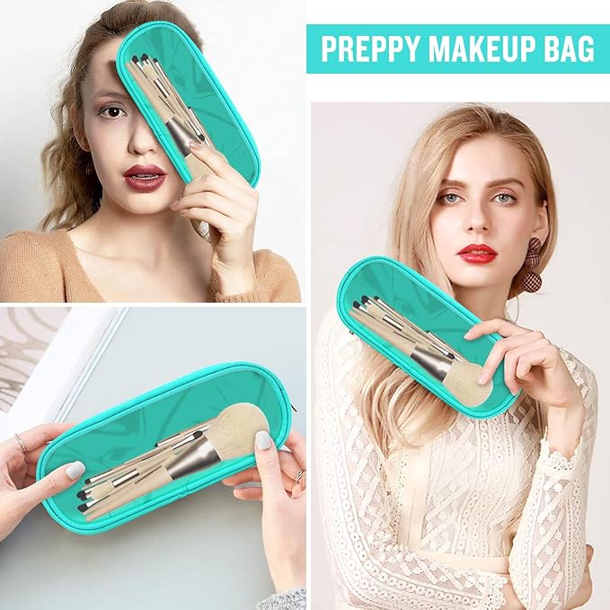 Nylon Small Clear Makeup Bag Slim Pencil Pouch, Cute Makeup Bag Preppy Cosmetic Zipper Pouch Pencil Case for Purse, Travel PVC Toiletry Bag Clutch Coin Pouch Makeup Brush Bag for Women Girl(Mint)