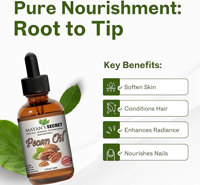 Mayan's Secret Pecan Oil - Face Oil for Women Anti Aging - Best Use for Skin Tightening, Wrinkle Prevention, and Rejuvenating Skin Cells - Protected in Amber Glass Bottle with Dropper - 4 oz