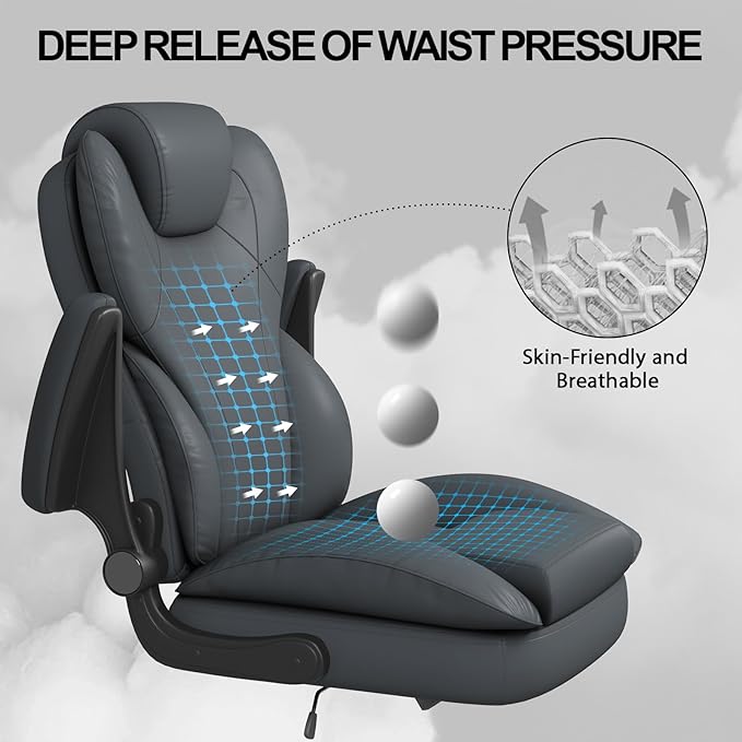 Hovos Office Chair, Ergonomic Big and Tall Desk Leather Chair with Padded Flip-up Arms, Adjustable Tilt Lock, Heavy Duty Swivel Rolling Computer Chair for Home Office, Grey