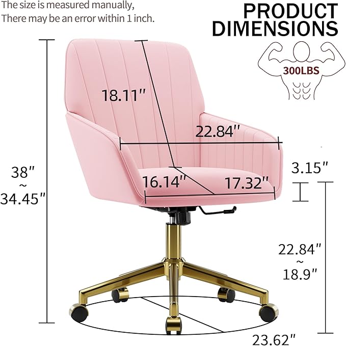 YITAI Velvet Office Desk Armchairs with Gold Base and Wheels,Modern Height Adjustable 360 Degree Swivel Upholstered Vanity Chairs for Living/Room Bedroom/Study,Pink
