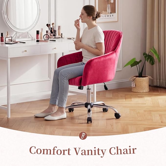 Warmiehomy Velvet Desk Chair for Home Office, Modern Adjustable Swivel Task Chair, Women Vanity Chairs with Arm Rest for Bedroom Dressing Room, Barbie Pink