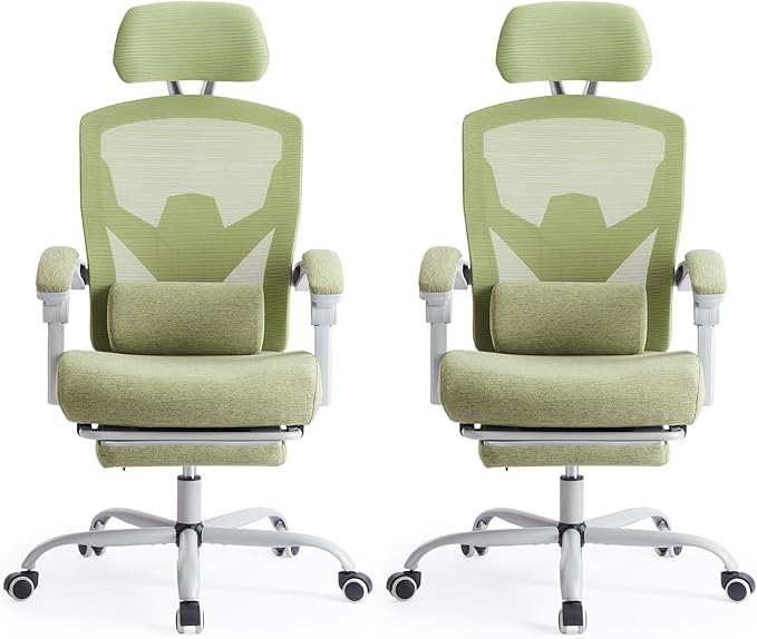 Sweetcrispy Office Computer Desk Chair Set of 2, Ergonomic High-Back Mesh Rolling Work Swivel Chairs with Wheels, Comfortable Lumbar Support, Comfy Arms for Home, Bedroom, Study, Student, Green