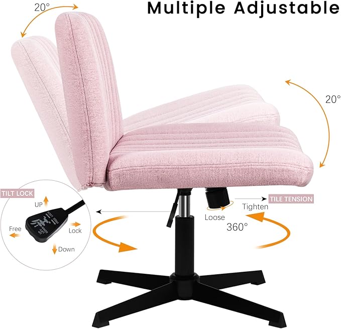 PUKAMI Criss Cross Chair,Comfy Cross Legged Office Desk Chair No Wheels,Modern Fabric Swivel Adjustable Height Mid Back Wide Seat for Home Office Computer (Pink)