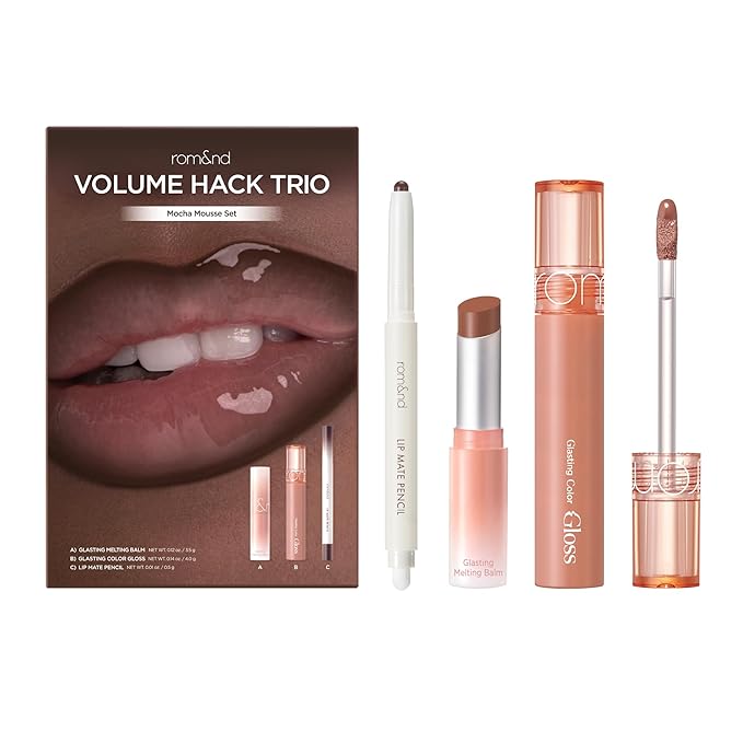 rom&nd Volume Hack Trio Mocha Mousse Lip Set | K-Beauty Plumping Gloss, Hydrating Balm & Smooth Liner | Achieve Defined, High-Shine Lips for Viral Looks.