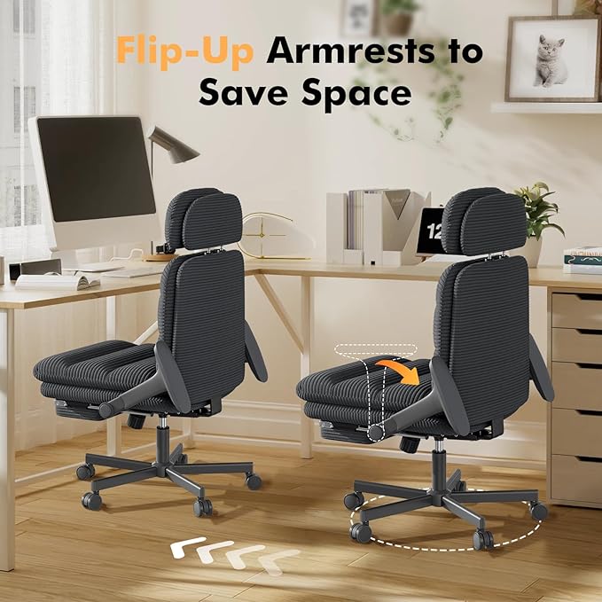 Criss Cross Chair with Flip-up Arms, Executive Office Chair with Foot Rest, Swivel Cross Legged Office Chair with Lumbar Pillow&Headrest, Corduroy Comfy Computer Desk Chair for Home, Black