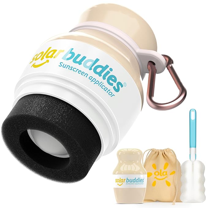 Solar Buddies Grab & Go Travel Bundle, Carabina Clip & Cleaning Brush - Single Full Nude - Refillable Roll on Sponge Sunscreen, Suncream & Lotion Applicator For Kids, Adults & Families - Holds 100ml
