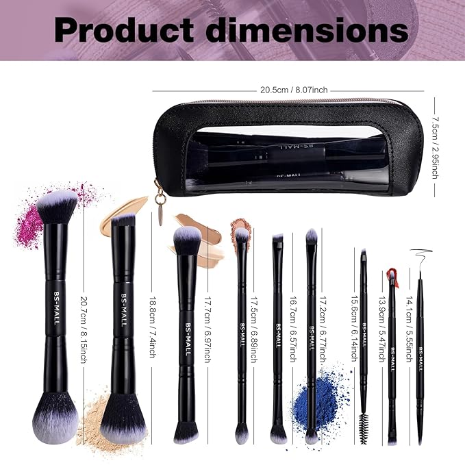 BS-MALL Double-ended Makeup Brush Set With Concealer Brush & Foundation Brush, Eyeshadow Brush- Travel-friendly Multi-purpose Brushes In Makeup Bag For Daily Use (9 PCS Black)