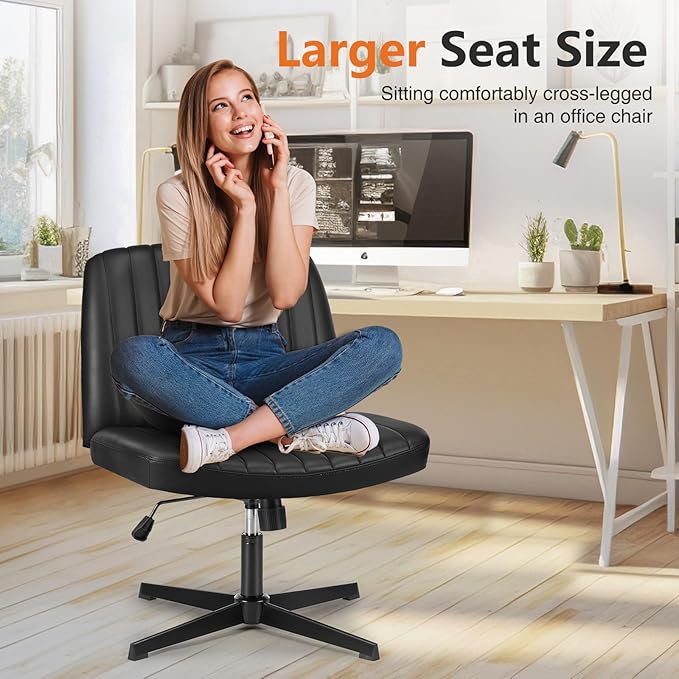 Sweetcrispy Criss Cross Chair Legged, Armless Office Wide Desk Chair No Wheels, PU Leather Swivel Vanity Height Adjustable Fabric Modern Computer Task Seating for Home - Black