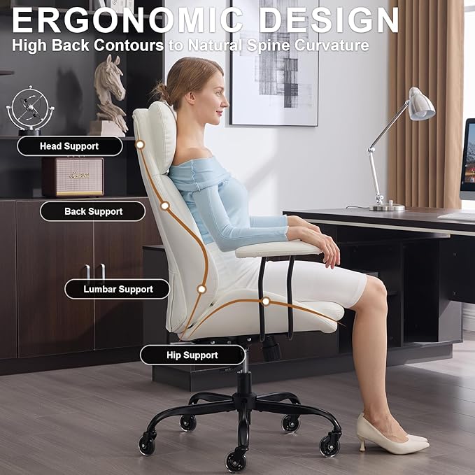Office Chair, Leather Desk Chair with Rubber Wheels, Ergonomic Computer Chair 500 LBS with Lumbar Support, High Back Executive Chair for Modern Home Office, White