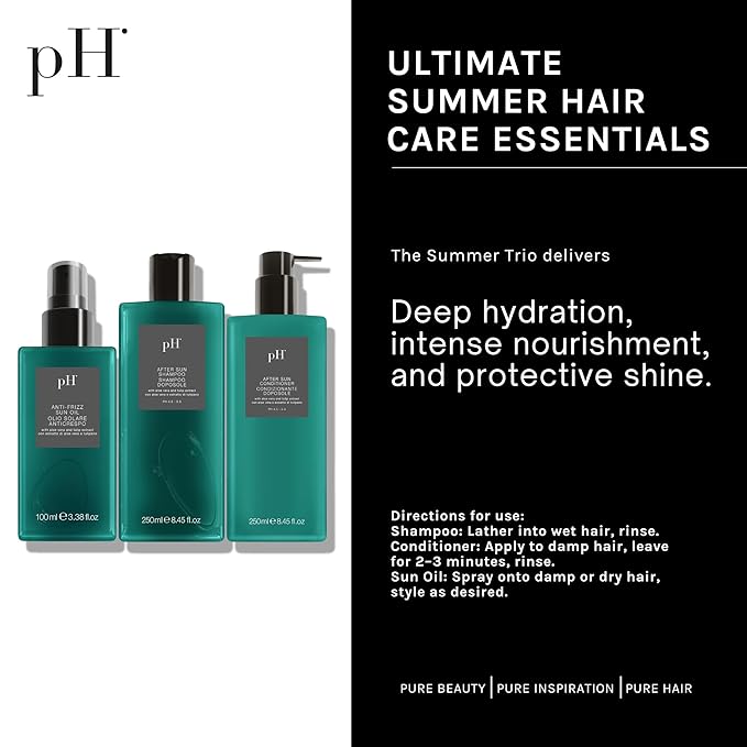 pH PURE HAIR Laboratories Ultimate Summer Hair Care Essentials: Shampoo Conditioner & Anti-Frizz Oil for Sun, Salt & Chlorine, Hydrates & Repairs with Aloe Vera & Tulip Extract (8.45+8.45+3.38 fl oz)