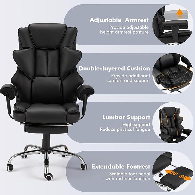 HOMREST 6-Point Massage Office Chair,Heating Executive Chairs,Ergonomic Home Office Desk Chairs with Retractable Footrest and Reclining Function,Leather Computer Chair with Adjustable Armrest(Black)