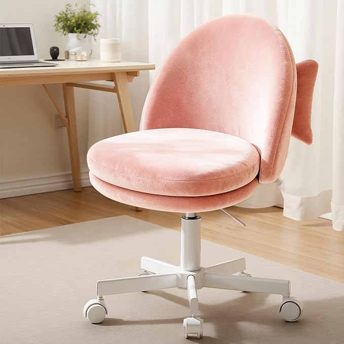 GTPLAYER Velvet Tall Office Chair with Wheels Vanity Chairs with Back, Versatile Height Use: Office to Bar Stools Small Ergonomic Comfy Armlees Computer Desk Chair with Bow Lumbar Pillow for Gift