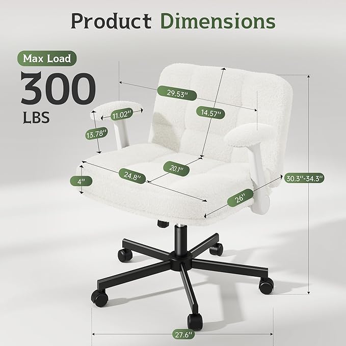 Criss Cross Chair with Wheels, Office Chair with Flip-up Armrests, Vanity Chair for Bedroom, Home Office, Apartment, Plush Fabric, White