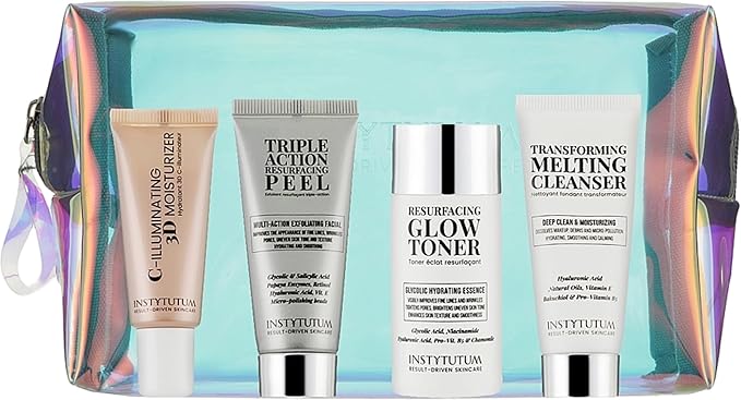 Instytutum GlowStart Travel-Size 4-Step Daily Skincare Set, Cleanser, Toner, Resurfacing Gel, Hydrating Cream, TSA-Friendly Radiance Routine Kit